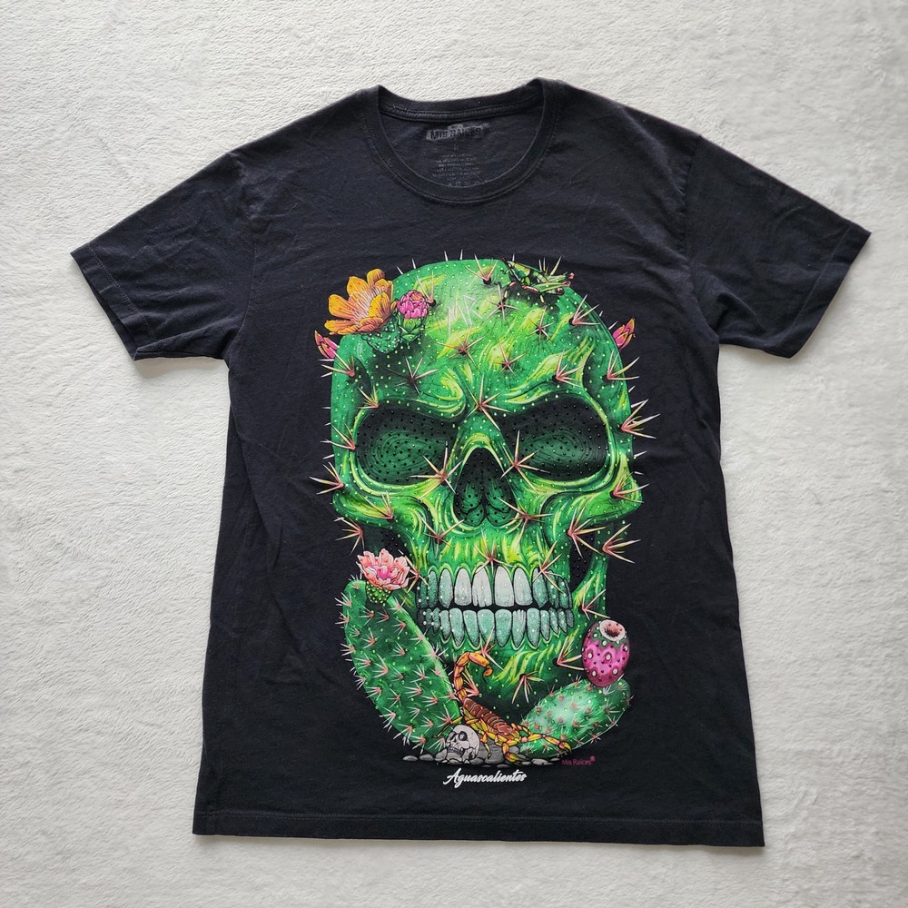 Mis Raices Cactus Skull Graphic Shirt Mens Medium Black Rhinestone Aguascaliente